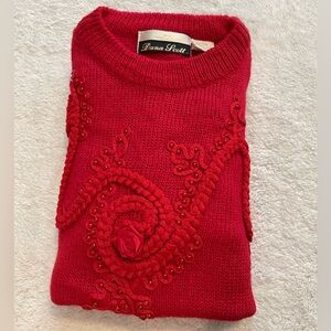 Vintage Royal Core Dana Scott Sweater Red Rose Embroidery Bead Knit Pullover M